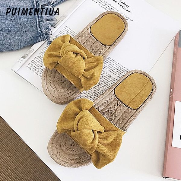 

puimentiua new women's slippers bowknot ladies slipper summer flat sandals summer vacation beach casual indoor shoes flops, Black