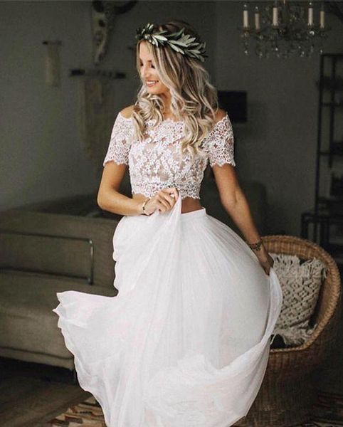 

bateau lace short sleeves a-line wedding dresses 2021 two pieces long spring bridal gowns formal vestidos de marriage beach custom, White