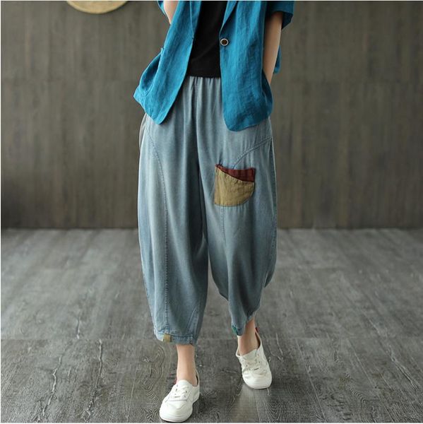 

summer jeans women retro elastic waist loose casual denim pants ladies new patchwork pocket vintage all-match trousers 2020, Blue