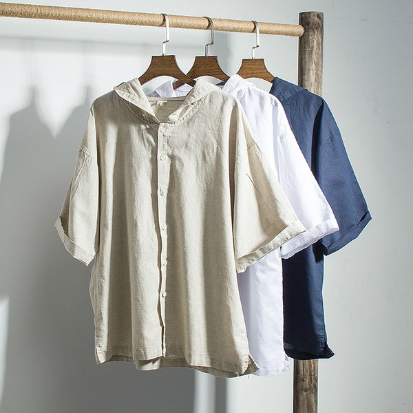 

men's casual shirts summer mens hooded slim fit cotton linen short sleeve khaki social shirt male plus size button xxxl 4xl, White;black