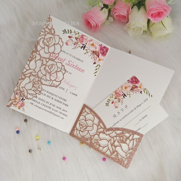Luxury Pink Gold Glitter Tri Fold Laser Cut Pocket Wedding Invite With Customized Insert Provide Free Printing And Victorian Wedding Invitations