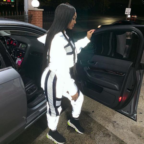 

color block reflective tracksuit womans outfits streetwear cute silver two piece set and pants sweat suits, White