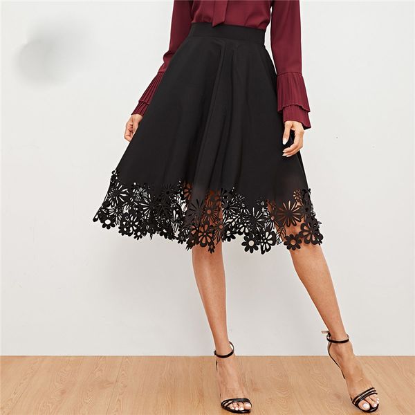 

black skirts laser black cut high waist women skirt office ladies workwear elegant fit and flare skirts womens a line skirt