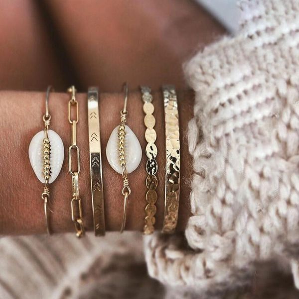 

alyxuy 6pcs/set fashion boho double natural shell bracelet bangle for women arrow geometry bracelet set girl jewelry accessories, Black