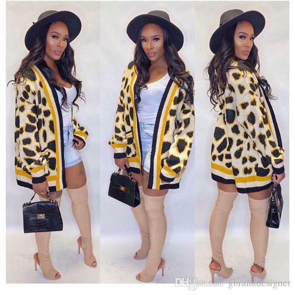 

winter womens designer knit cardigan fashion yellow stripe leopard print sweater long sleeve loose famale clothing, Black;brown