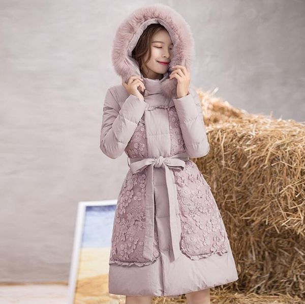 

new winter women feather down girls ladies floral lace embroidery slim white duck down coat plus size 3xl r2252, Black