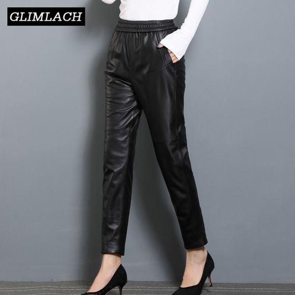 

office lady elastic waist genuine leather pants women slim korean real leather pencil pants natural lambskin plus size trousers, Black;white