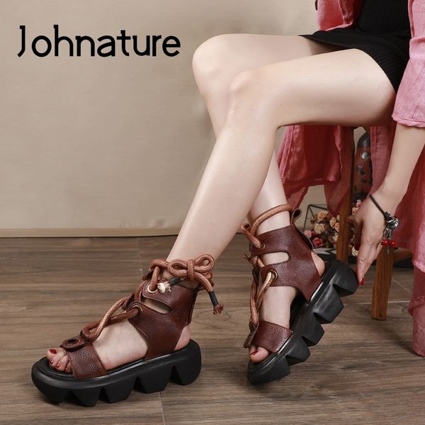 

johnature platform sandals women shoes genuine leather lace-up 2020 new retro casual flat with ankle strap ladies sandals, Black