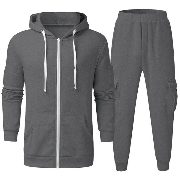 

men autumn winter casual tracksuit hoodies sweatshirt pants set zipper solid pocket sports suit boy running hoody men sportswear, Black