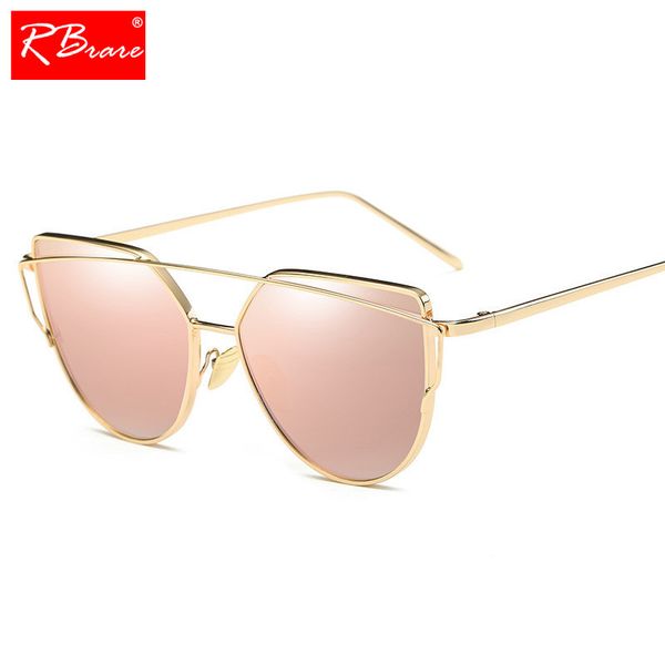 

rbrare 2019 cat eye vintage brand designer rose gold mirror sunglasses for women metal reflective flat sun glasses female oculos, White;black