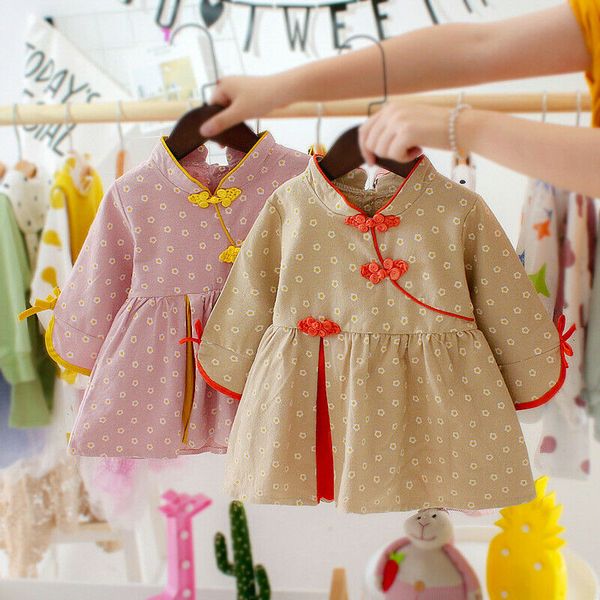 

2020 cute sweet chinese style infant baby girl floral long sleeve cheongsam qipao dress clothes 2 colors, White