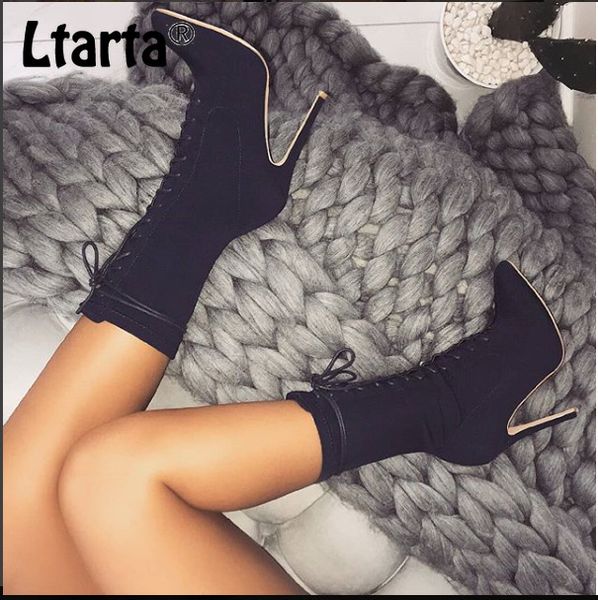 

ltarta boots boots fashion women's short autumn winter new style pointed tie slim super high heels zl-335-16, Black