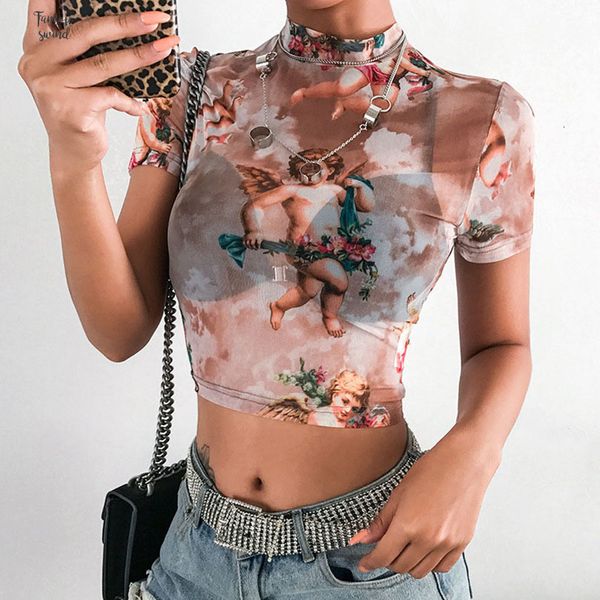 

angel t shirt print mesh crop hoge hals korte mouwen koop tees vrouwen streetwear harajuku shirts grafische, White