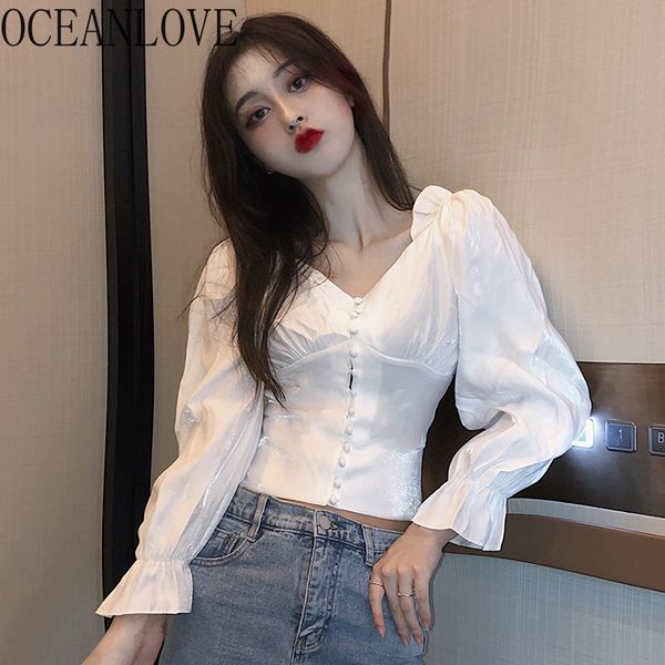 

oceanlove solid v neck women shirts short puff sleeve blouse button spring 2020 korean fashion blusas feminina 15131, White