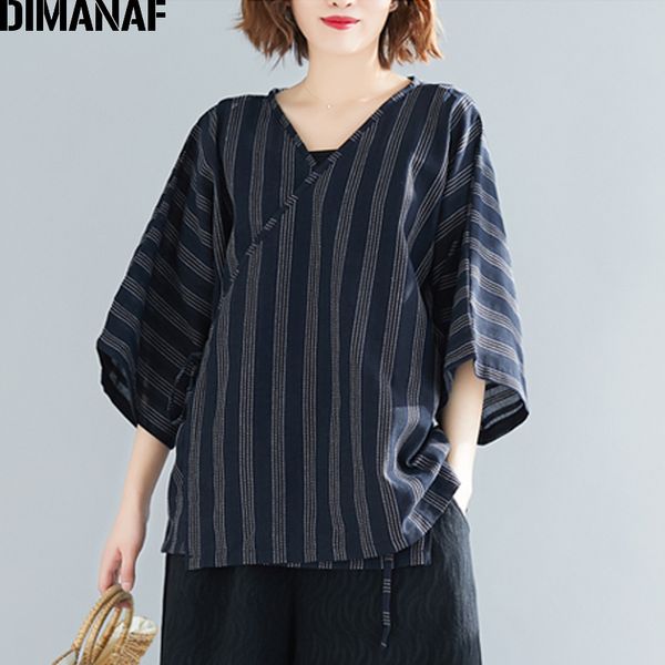 

dimanaf плюс размер женщины блузка рубашка винтаж лето леди топы туника женская одежда свободные повседневная полосатый кардиган печати 2019, White