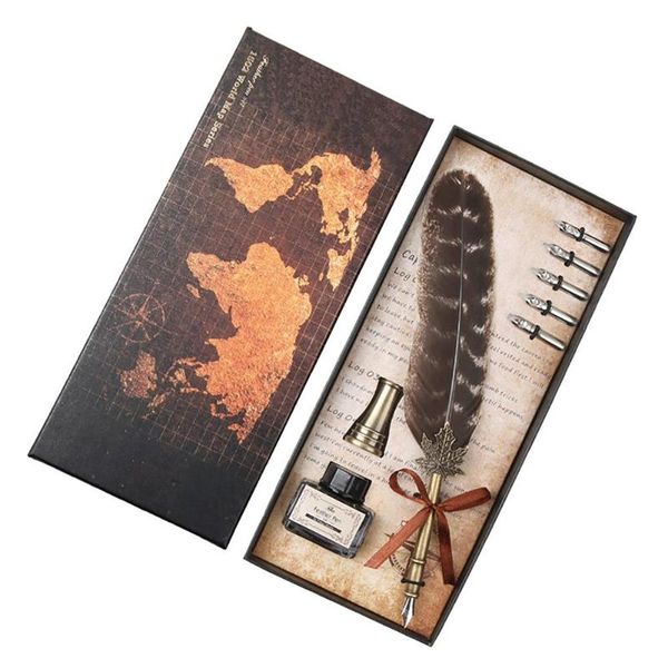

retro feather dip pen writing ink set fountain pens stationery gift box with 5 nibs wedding gifts writing supplies wholesale