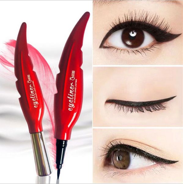 

new waterproof eyeliner 24hours long lasting red feather shape eyeliner pen black color fine head smooth eyeliner 2.5g