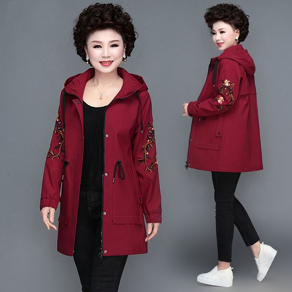 

2019 spring autumn new plus size loose women's clothing embroidery hooded jacket cotton casual long windbreaker coat female v820, Tan;black