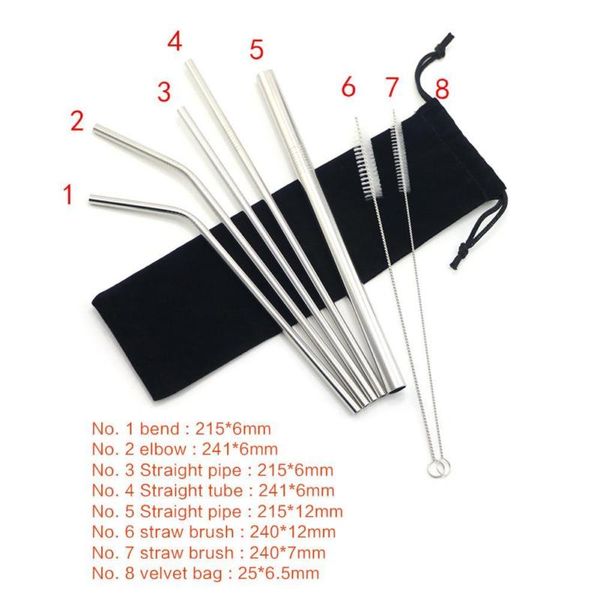 

7pcs stainless steel metal drinking straws reusable + cleaner brush + bag set