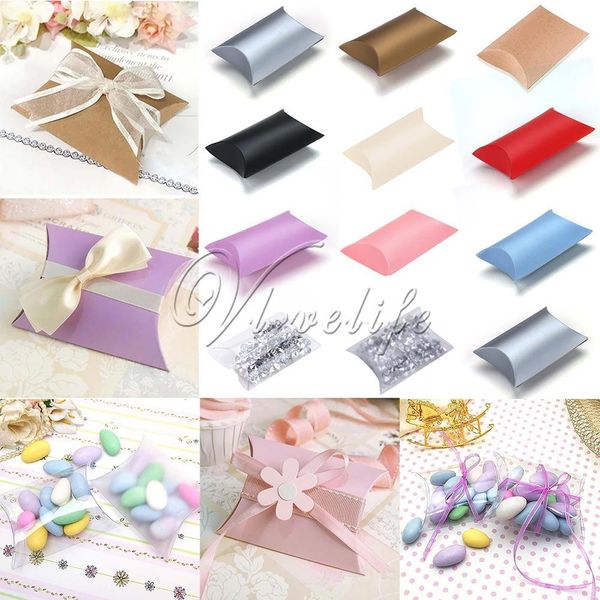 

Wholesale-50pcs/lot New Style Pillow Shape Box Candy Box Gift Box for Wedding Party Favor Decor Paperboard / PVC /Brown Kraft Wholesales