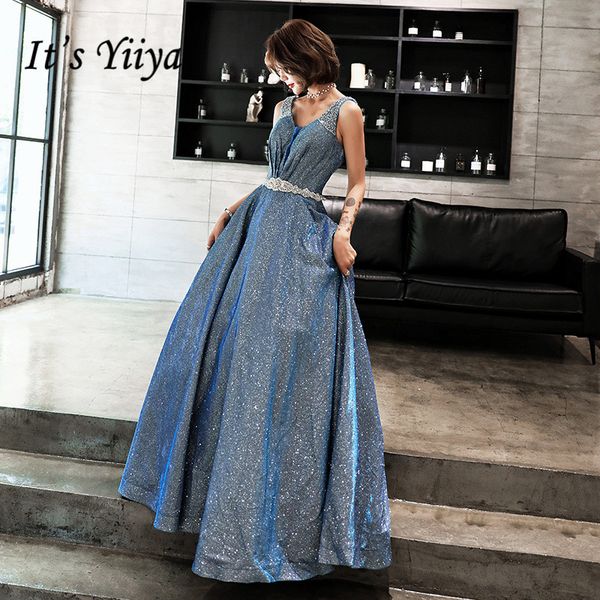 

it's yiiya evening dress v-neck sleeve blue train long formal dresses shining crystal lace up tank party gown e072, White;black