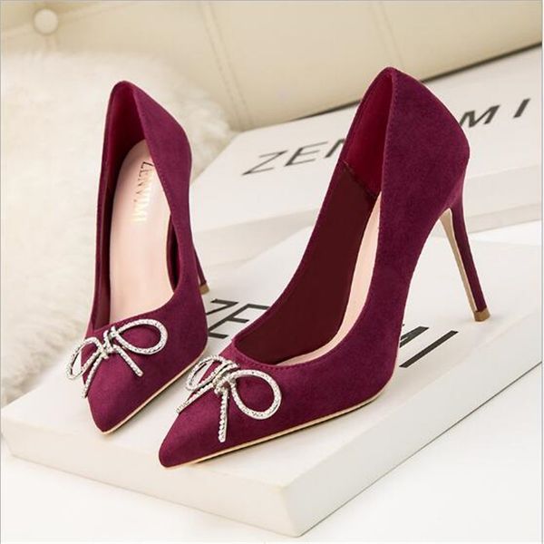 

fashionable show thin shallow mouth pointy head tall with metallic water drills bowknot sheet shoe sweet high-heeled shoes, Black