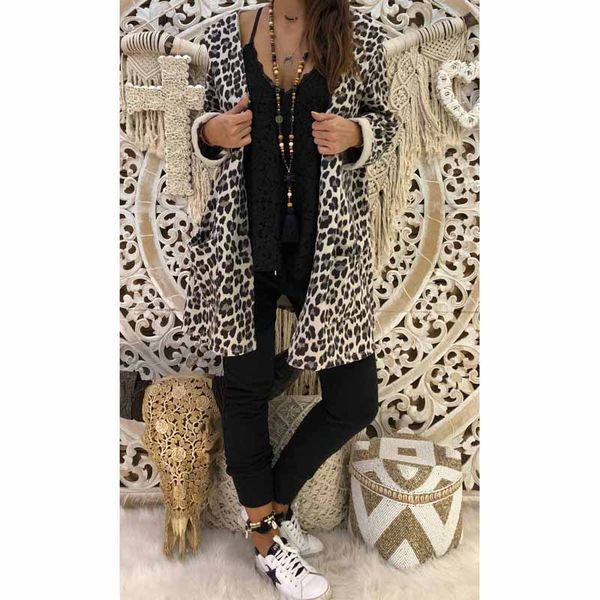 

fashion women lady leopard hooded long coat cardigan loose outwear jacket, Black;brown