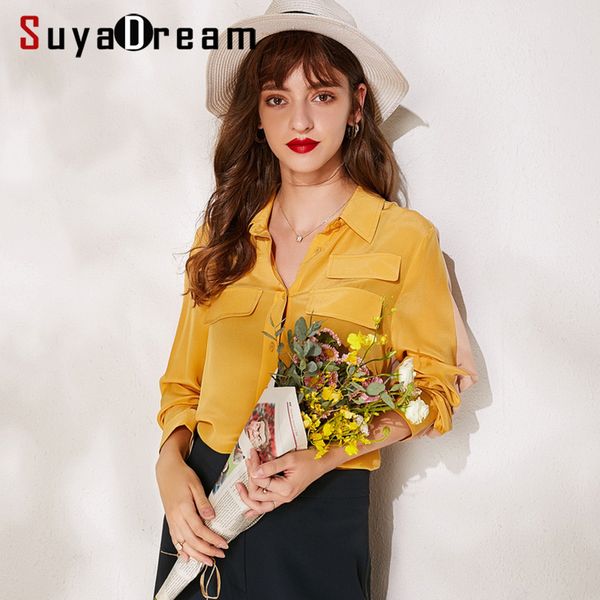 

suyadream women silk blouses 100%silk crepe office lady turn down collar long sleeved blouse shirt chest pockets shirts 2019, White