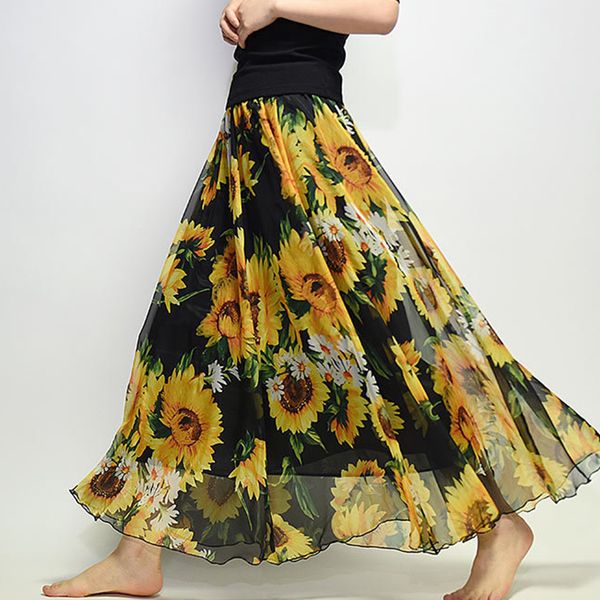 

spring summer new 2020 women chiffon skirt elegant bohemian vacation beach floral print a-line skirt saia faldas for female, Black
