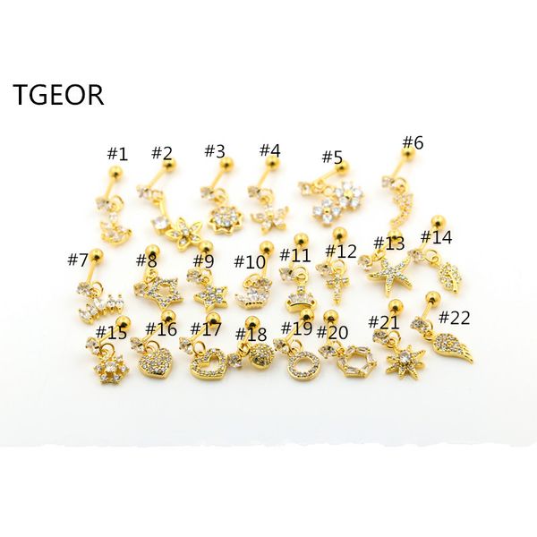 

1 pair dangle piercing cartilage earring with cz flower star crown heart cross wing dainty conch tragus helix stud earring newly, Slivery;golden