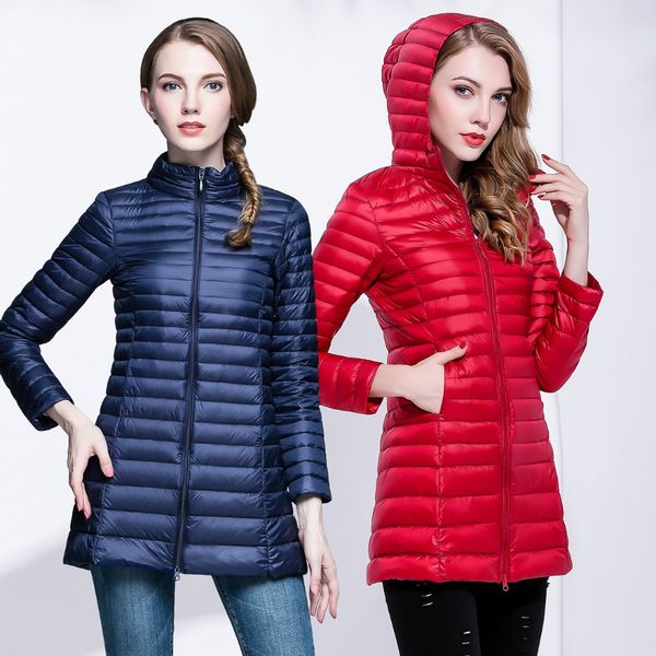 

new autumn winter fashion slim long down coat women ultra light 90% white duck down jacket hood windproof female outwears lp093, Black