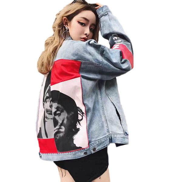 

spliced printed denim jacket loosen harajuku coat women casual streetwear basic jackets autumn winter outerwear jean jacket, Black;brown