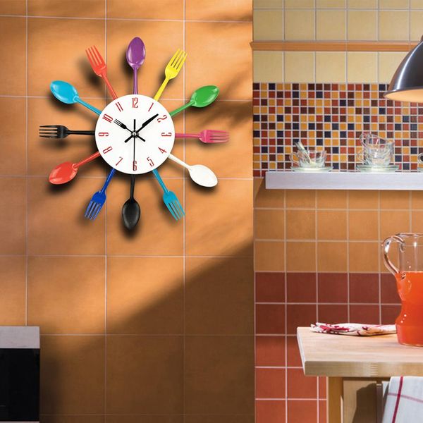 

modern art style cutlery knife fork spoons quartz noiseless wall clock analog home kitchen restaurant office bell decoration