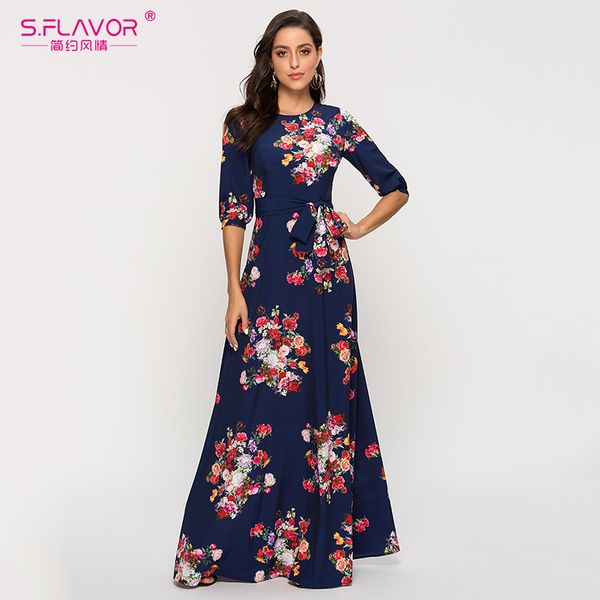 

s.flavor flower printed vintage dress women a-line 0-neck elegant long maxi dresses elegant basic casual spring summer dress, Black;pink