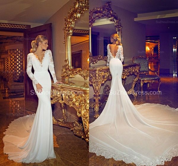 

сексуальная длинные рукава русалка свадебное платье luxurt backless глубокий v шеи шнурок развертки поезд пляж boho свадебное платье плюс ра, White