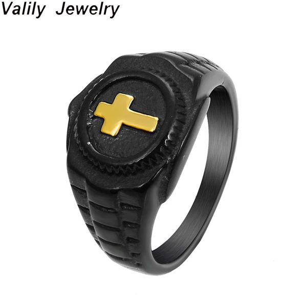 

valily vintage gold black two-tone holy cross ring stainless steel prayer christian jesus religious signet ring for man women, Golden;silver