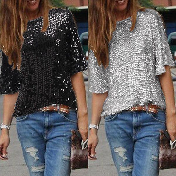 

women fashion summer loose half sleeve sparkle glitter blouse regular ladies casual loose sequined pullover blouse black sliver, White