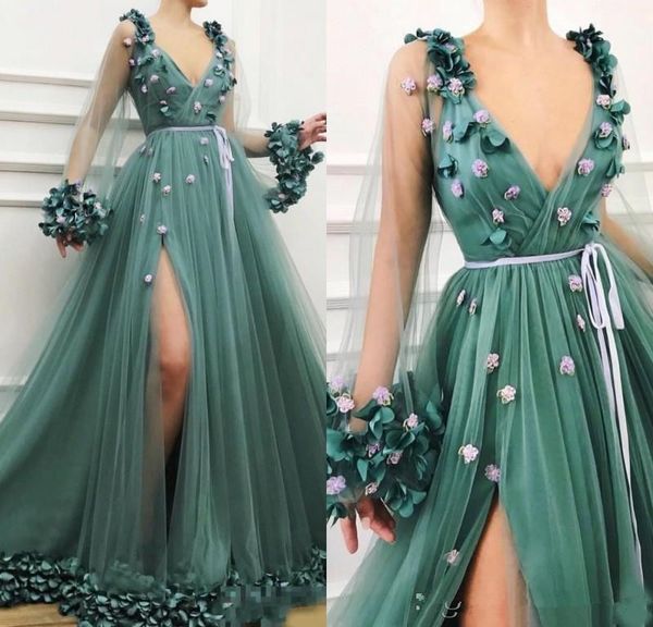 Glamouröses Boho-Abschlussballkleid in Jägergrün 2020, sexy, tiefer V-Ausschnitt, lange Ärmel, oberschenkelhohe Schlitze mit 3D-Blumenblumen, Abendmode