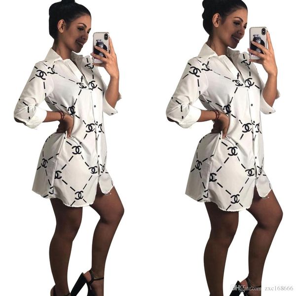 

women print blouses white black lapel long sleeve buttons shirts ladies casual shirt dress mini dress streetwear women clothing