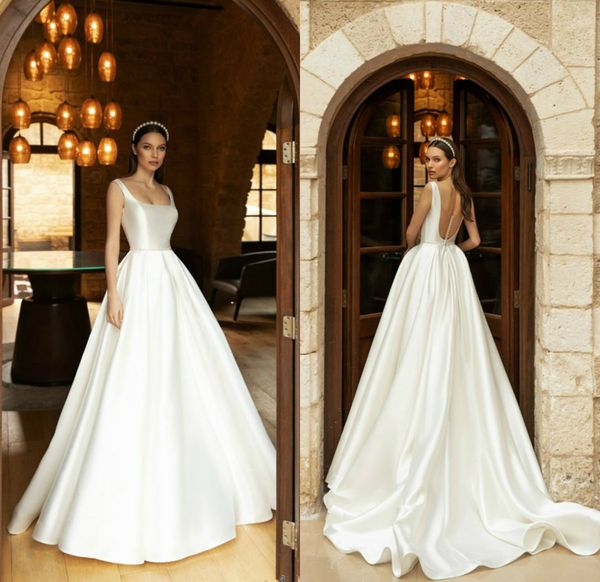Ucuz Hat Düğün Elbise Basit Cömert Meydanı Kolsuz Saten Düğün Sweep Tren Dantelli Custom Made Sıcak Satış Elbiseler De mariée