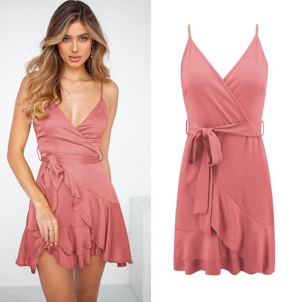 

fashion summer new women v-neck ruffled halter skirt ladies open back mini dress, White;black