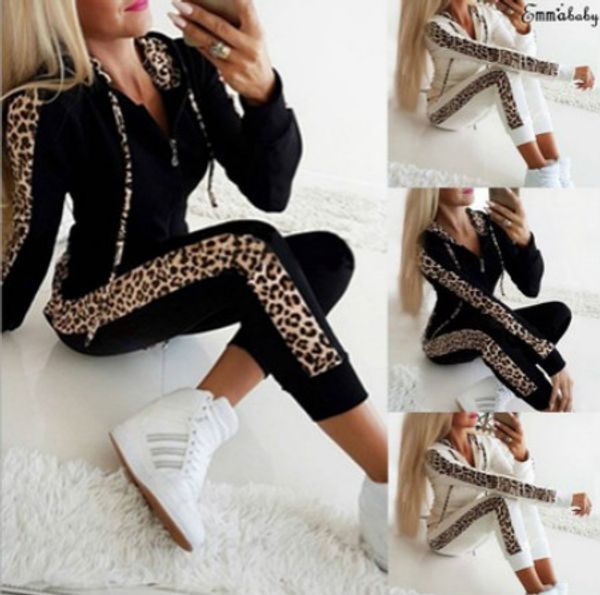 

womens brand new hooded suit two-pieces youth casual solid color sets girls leopard print new sports and leisure fleece sets 2020 autumn, Gray