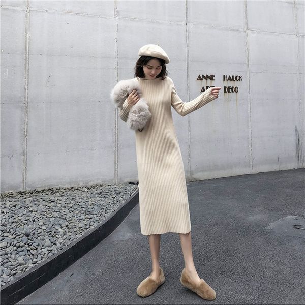 

js1315j-2020 knitted dress, long skirt at the bottom in early autumn, half high neck sweater in winter, long sleeve skirt, Black;gray