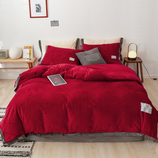 

3/4pcs winter thick wedding bedding set flannel fleece velvet solid color red duvet cover pillowcase sheet christmas gifts