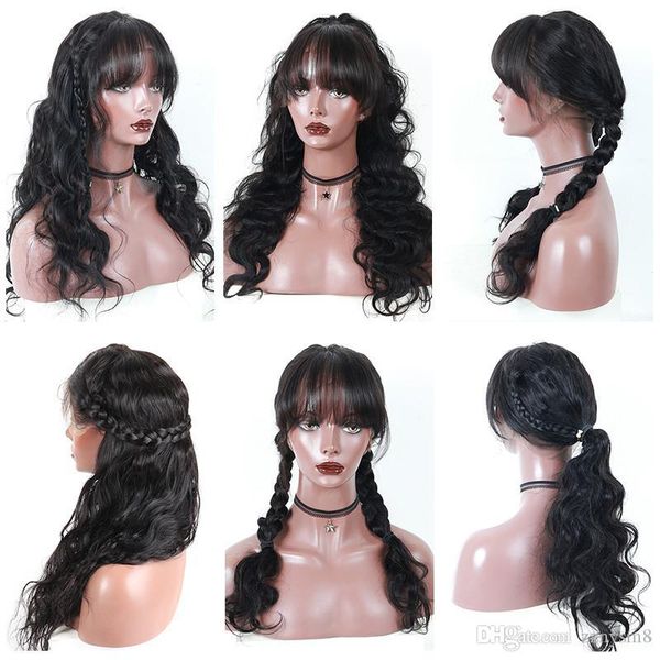 

360 lace frontal wig with bangs 180% body wave brazilian lace front human hair wigs bang pre plucked with baby hair remy, Black
