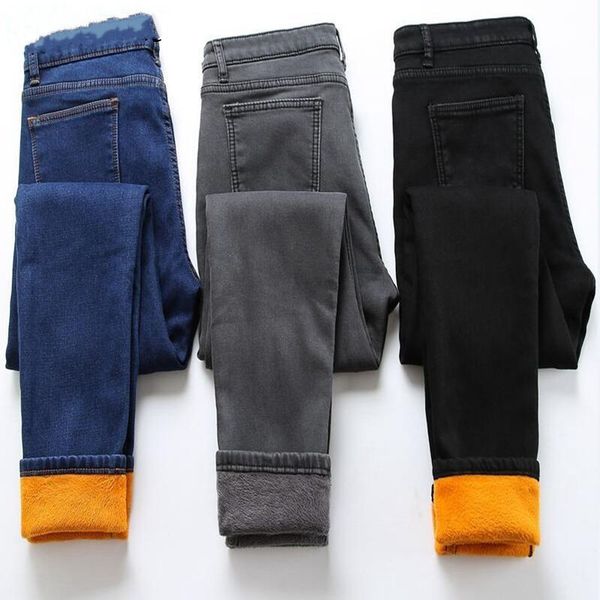 

теплые зимние джинсы для женщин упругого высокой талии джинсовых брюк 2020 новых женского брюки мягких утолщенных черного бархат изолированн, Blue