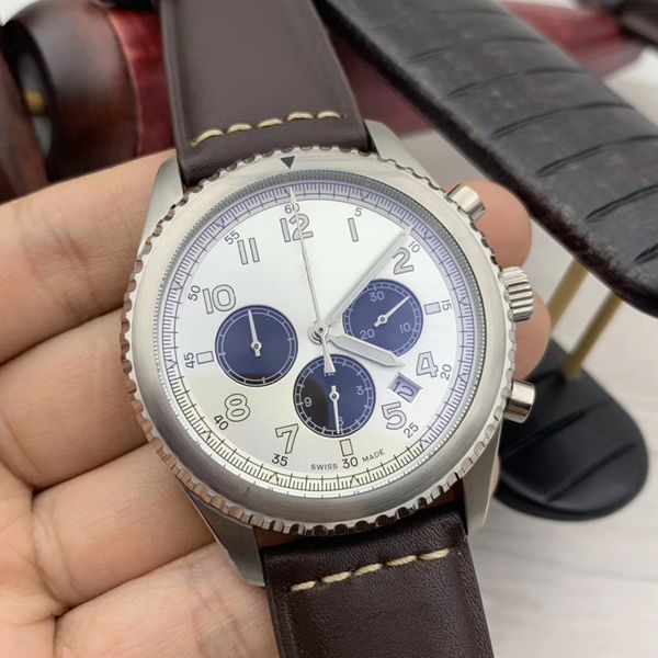 

авиатор 8 b01 кварцевый хронограф мужские часы 46mm серебристый корпус белый циферблат luminous наручные часы с коричневыми кожаный ремешок, Slivery;brown