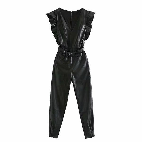 

chic pu leather ruffles sashes jumpsuits women fashion black v neck jumpsuit elegant ladies sleeveless jumpsuits, Black;white