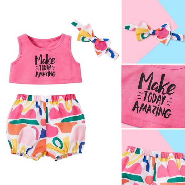 

new cute summer baby girl casual sleeveless letters print vest with shorts headband outfits set kids girls sets, White