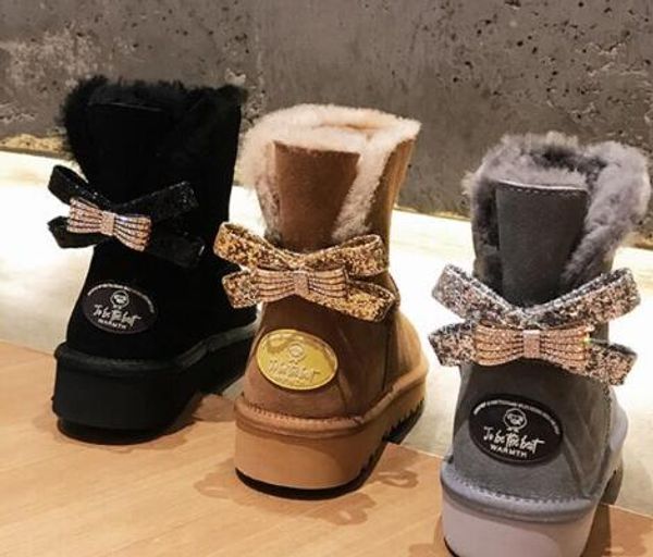 

2020 brand new classic australia wgg single double diamond snow boots female winter leather bow rhinestone crown warm thick cotton shoes, Black
